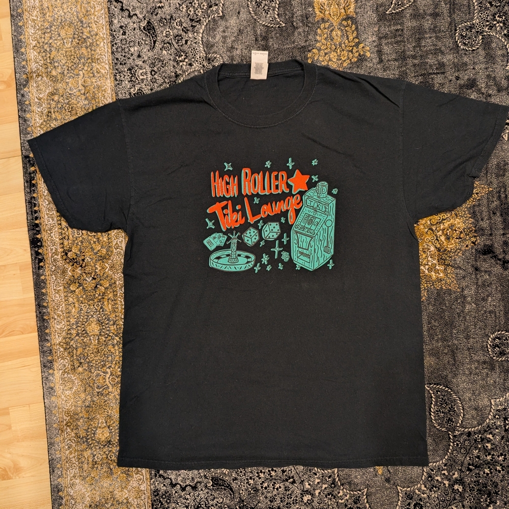 High Roller Tiki Lounge Graphic Cotton Black T-Shirt Size Large Good Condition